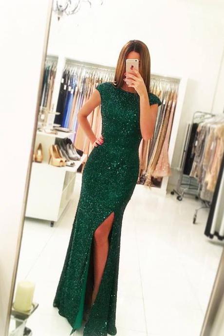 Green Sequins Lace Prom Dress With Slit On Leg,cap Sleeves Sequins Formal Dress,backless Sequins Pageant Gown,2172