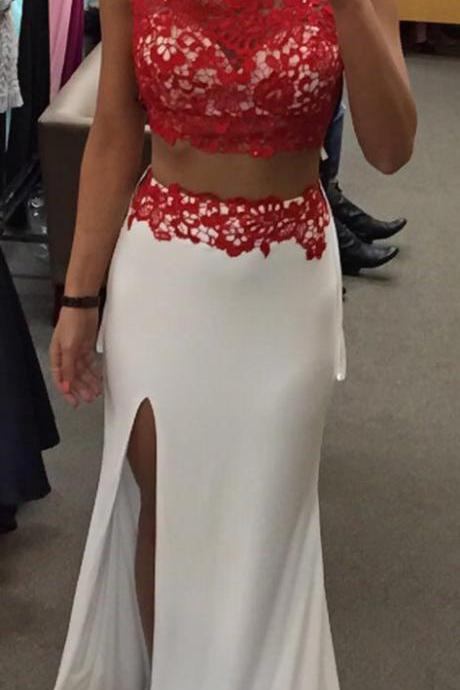 Red Lace Top White Jersey Bottom Prom Dress,2 Pieces Prom Dress With Slit,mermaid Formal Dress,2191
