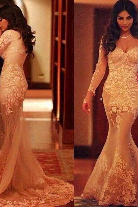 Sexy Nude Prom Dress With Long Sleeves,mermaid Formal Dress,2017 Pageant Prom Dress,2187
