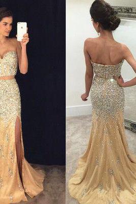 Sweetheart neck Two Pieces Prom Dress,Sparkly Beaded Champagne Mermaid Prom Dress,Shinny Formal Dress,2193