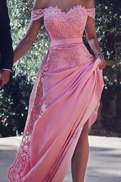 Off Shoulder Peach Satin Lace Appliqued Prom Dress,2017 Design Prom Dress,long Formal Dress,2199