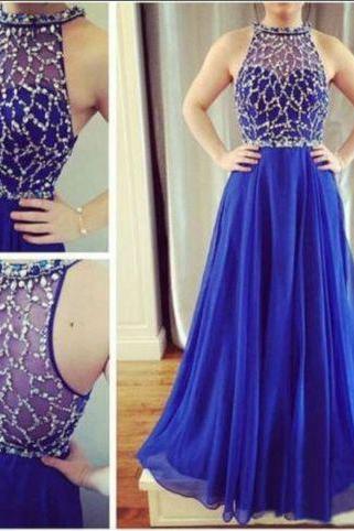 Beaded Top Royal Blue Chiffon Prom Dress,long Prom Gown,formal Dresses,2195
