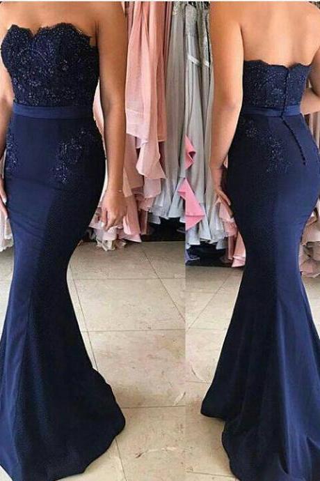 Strapless Mermaid Prom Dress,navy Blue Bridesmaid Dress,lace Appliqued Pageant Dress,2197