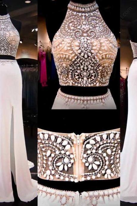 2 Pieces Beaded White Jersey Prom Dress,mermaid Prom Party Dress,two Pieces Formal Dress,2200