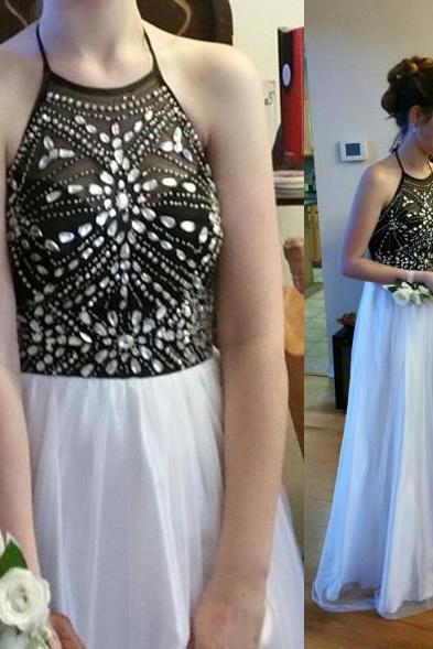 Beaded Black Top White Bottom Long Prom Dress,halter Formal Dress,shinny Pageant Prom Gown,2208