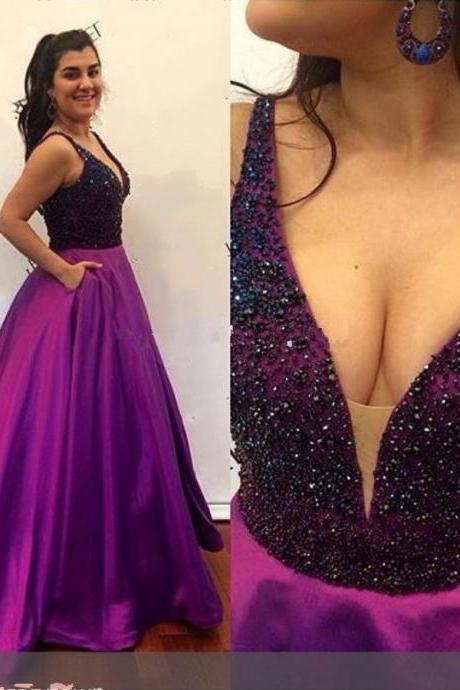 V-neck Purple Satin Prom Dress with Pocket,Beaded Top Pageant Dress,Long Formal Dress,2209