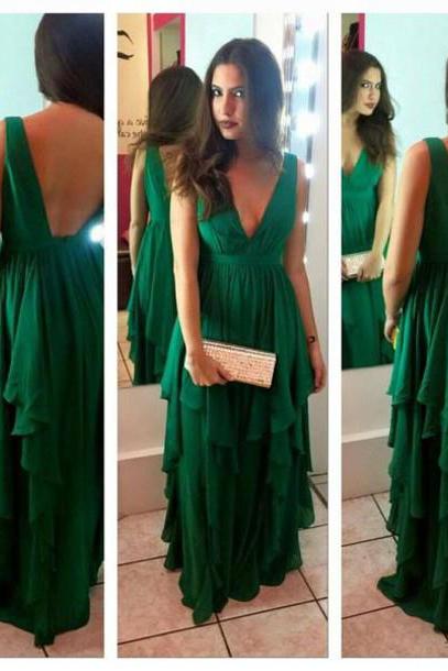 A-line V-neck Green Chiffon Long Prom Dress,simple Formal Dress, Pageant Dress,2211