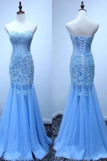 Blue Tulle Lace Appliqued Prom Dress,mermaid Prom Dress,long Formal Party Gown,pageant Dress,2214