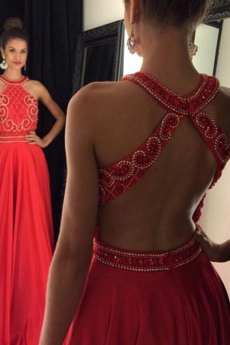 Red Chiffon With Beaded Sexy Prom Dress,backless Prom Dress, 2017 Prom Formal Dress,2216