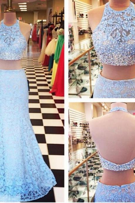 Two Pieces Lace Prom Dress,vintage Lace 2 Pieces Formal Dress,2017 Prom Dress,2217