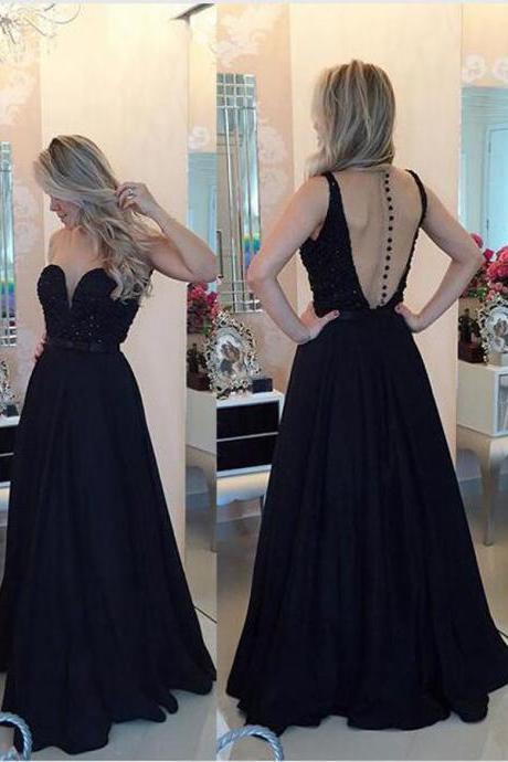A-line Beaded Black Prom Dress,elegant Long Formal Dress,pageant Prom Gown,2224
