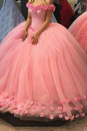 Off Shoulder Pink Tulle with Flowers Ball Gown Prom Dress,Ball Quinceanera Dresses,Sweet 16 Dress,2225