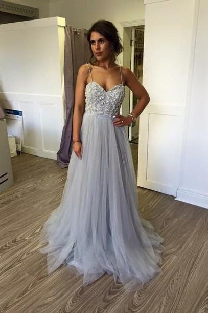 Spaghetti Strap Sweetheart Neck Silver Tulle Prom Dress,long Formal Dress,beaded Prom Dress,2226