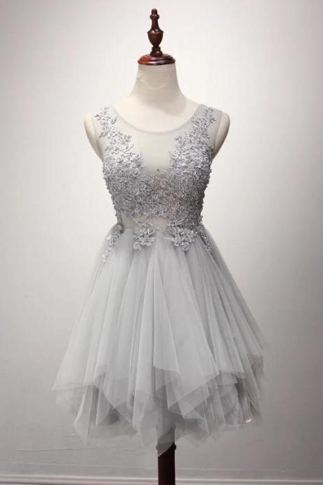 Princess Lace Appliqued Sexy Homecoming Dress,silver Short Prom Dress,2236