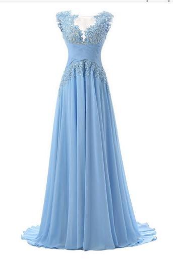 Blue Chiffon With Lace Appliqued Prom Dress,long Formal Party Dress,2238