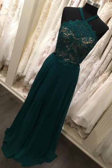 Lace Bodice Chiffon Skirt Dark Green Prom Dress,2 Pieces Prom Gowns,long Formal Dresses,2247