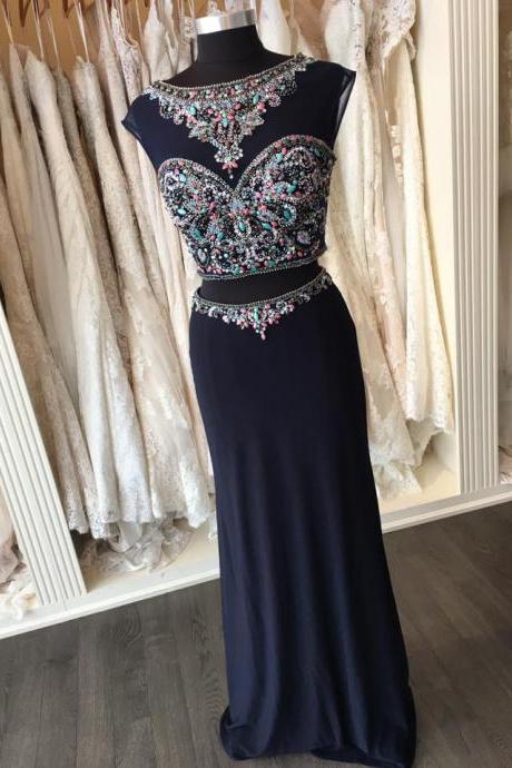 Beaded 2 Pieces Boho Prom Dresses,long Formal Dress,open Back Two Pieces Pageant Dress.2248