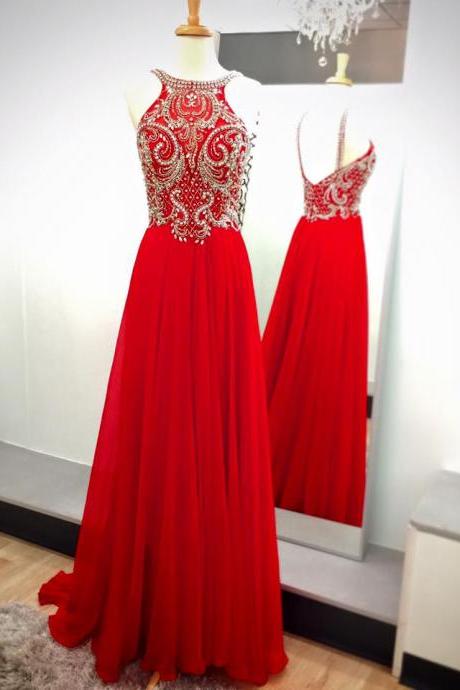 Beaded Bodice Red Chiffon Prom Dress,senior Prom 2017 Dress,shinny Formal Gown,2263