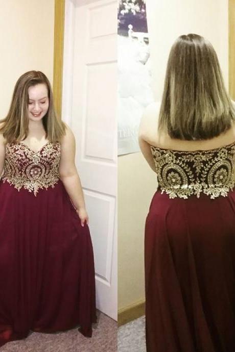 Gold Lace Appliqued Plus Size Prom Dresses,Burgundy Dress for Plus Size Girl,Large Size Formal Dress,2267