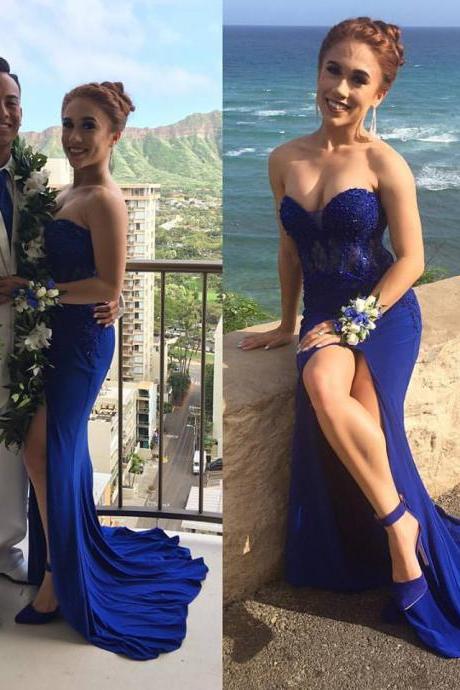 Royal Blue Jersey Prom Dress With Slit,strapless Sexy Dress For Senior Prom 2017,long Formal Gown,2268