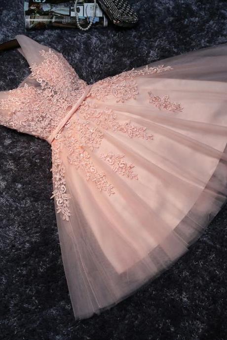 Lace Appliqued Homecoming Dresses,Short Prom Dresses,Blush Pink Bridesmaid Dresses,Cheap Short Dress,2277