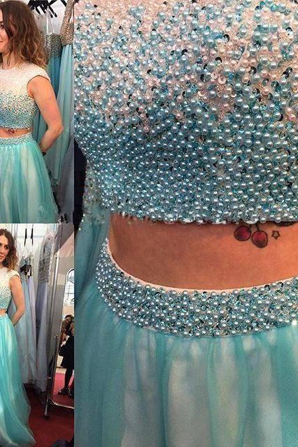 Pearl Beaded Two Pieces Prom Dress,aqua And Ivory Formal Dress,2 Pieces Prom Gown,2280