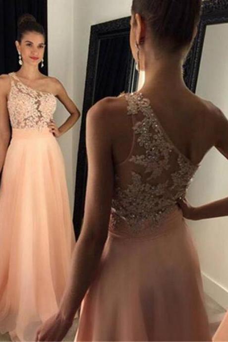 A-line One Shoulder Lace Appliqued Prom Dress,blush Pink Chiffon Formal Dresses,senior Prom Gown,2281