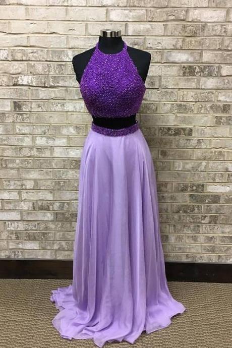 Purple Beaded 2 Pieces Prom Dress,light Purple Chiffon Prom Gown,two Pieces Formal Dress,2283