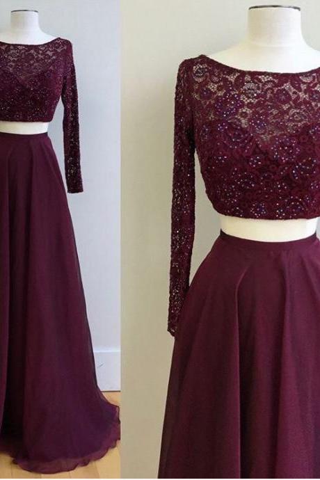 Long Sleeves 2 Pieces Lace Bodice Prom Dresses,grape Formal Dresses,two Pieces Party Dresses,2287