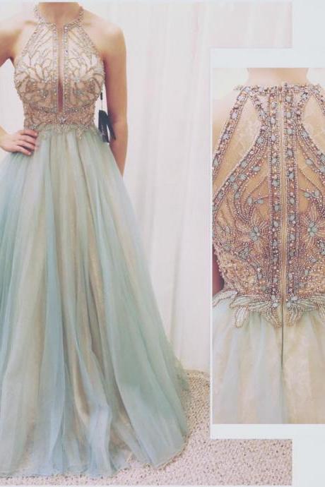 Nude And Sage Tulle With Beaded Top Prom Dresses,shinny Prom Dresses,long Formal Dresses,2288