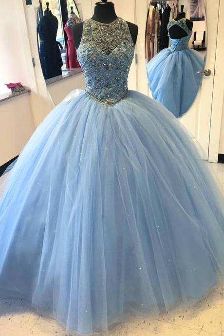 Ball Gown Sky Blue Tulle Beaded Prom Dresses,open Back Quinceanera Dresses,sweet 16 Dresses,2294