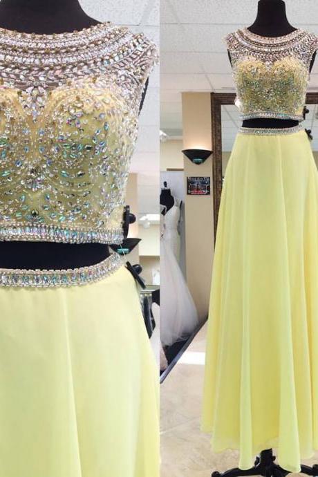 Sparkly Beaded 2017 Prom Dresses,yellow Chiffon 2 Pieces Dresses For Prom,long Formal Dresses,shinny Pageant Dresses,2298