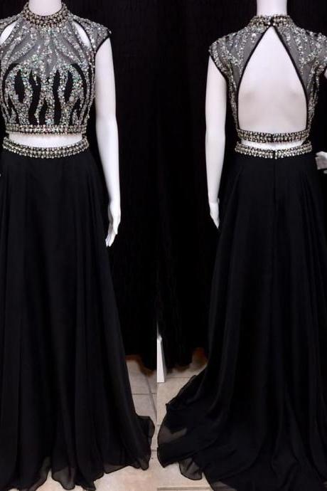 Halter High Neck 2 Pieces Sparkly Prom Dresses,cute Black Chiffon Prom Gowns,open Back Formal Dresses With Cap Sleeves,2304