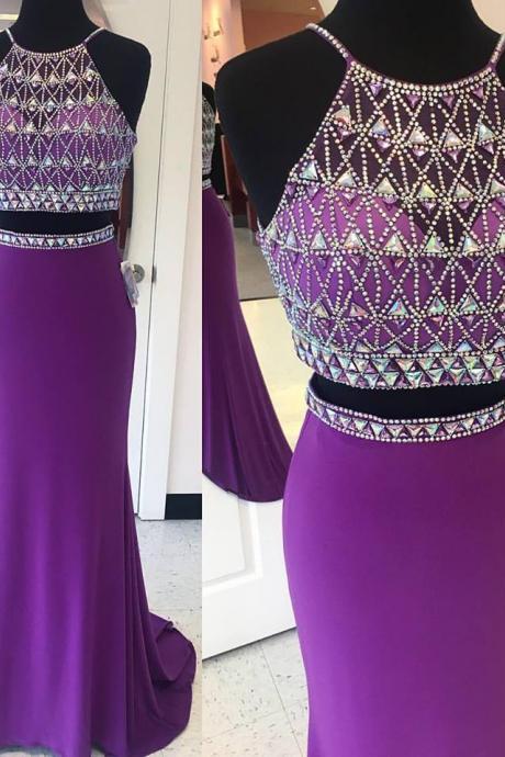 Halter Beaded Sparkly 2 Pieces Prom Dresses,purple Jersey Mermaid Prom Gowns,shinny Formal Dresses,2310