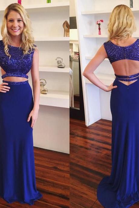 Royal Blue Jersey Sparkly Prom Dresses,2 Pieces Prom Dresses,mermaid Formal Dresses,2311