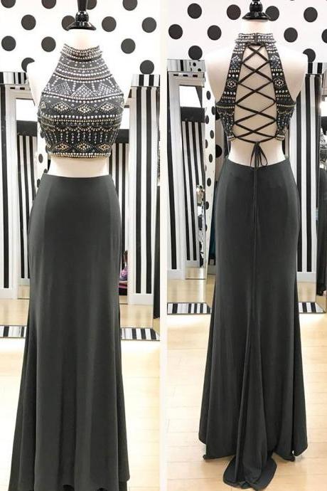 Dark Grey Jersey Boho Prom Dresses,two Pieces Prom Dresses,sparkly Prom Gowns,2312