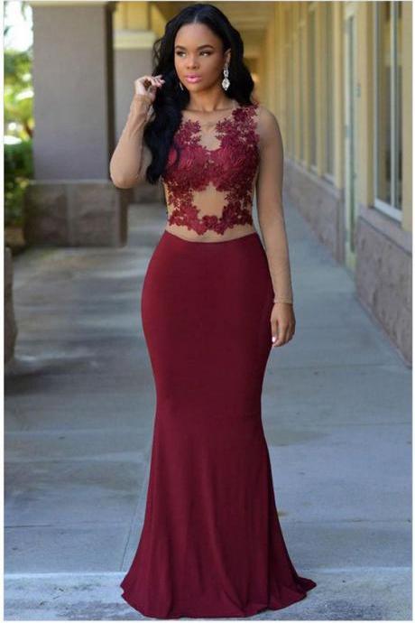 See-through Lace Appliqued Top Mermaid Prom Dresses,burgundy Jersey Formal Dresses,long Evening Dresses,2319