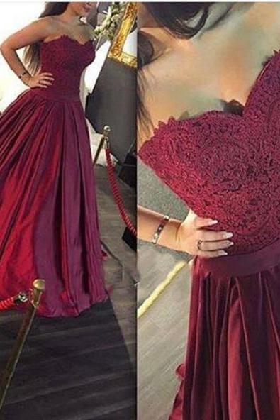 Strapless Sweetheart neck ball gown prom dress,burgundy satin prom dress,long formal dress with sweep train,2339