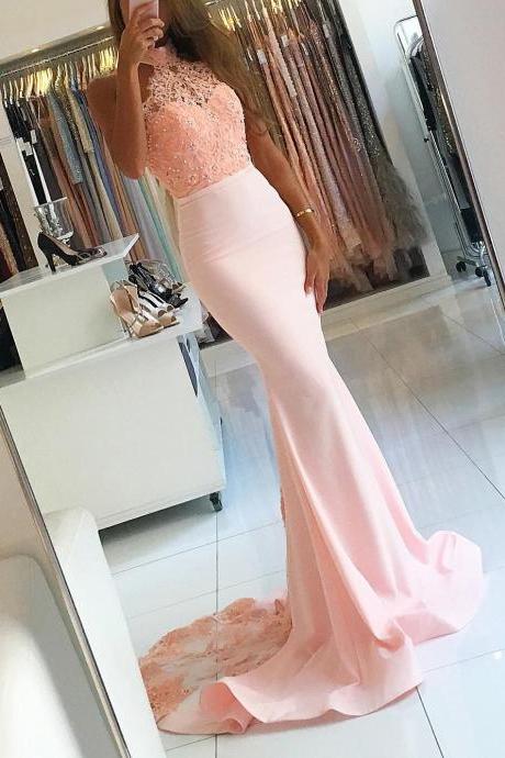 Halter High Neck Mermaid Prom Dresses with Sweep Train,Blush Pink Lace Prom Dresses,Formal Dresses,2341