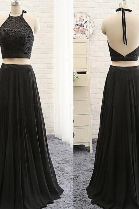 Black Two Pieces Prom Dresses,Lace Bodice Chiffon Skirt Halter Prom Gowns,2 Pieces Formal Dresses,2347
