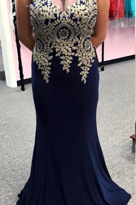 Gold Lace Appliqued Plus Size Prom Dresses,navy Blue Mermaid Formal Dresses,large Size Girl Prom Dresses,2353