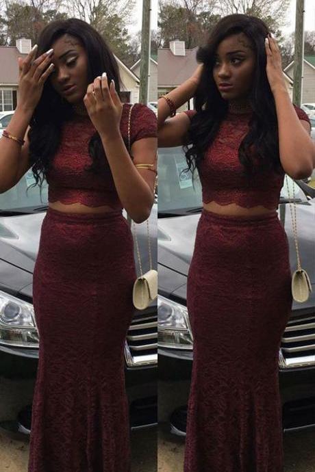 Short Sleeves Burgundy Lace 2 Pieces Prom Dresses,mermaid Lace Prom Dresses,long Formal Dresses,2356