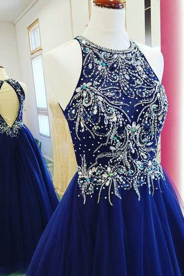 Royal Blue Tulle With Beaded Bodice Prom Dresses,open Backless Long Formal Dresses,halter Dresses For Senior Prom 2017,2360