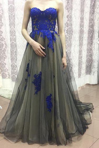 Dark Grey Tulle With Royal Blue Lace Appliqued Strapless Prom Dresses,long Formal Dresses,prom 2017 Dresses,2361