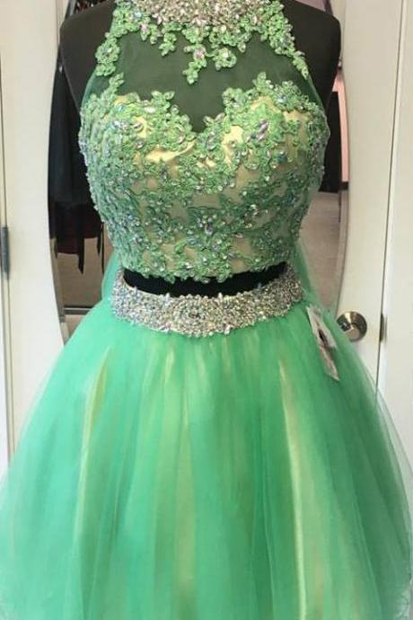 Green Tulle With Lace Appliqued And Beaded 2 Pieces Homecoming Dresses,backless Short Prom Dresses,2367
