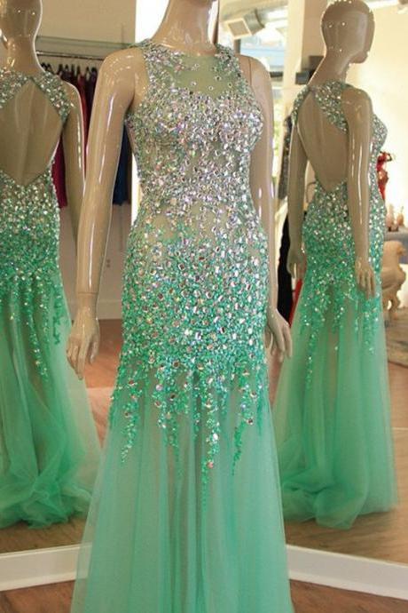 Mint Tulle Sparkly Rhinestone Beaded Prom Dresses,Open Back Sexy Formal Dresses,Shinny Long Prom Gowns,2418