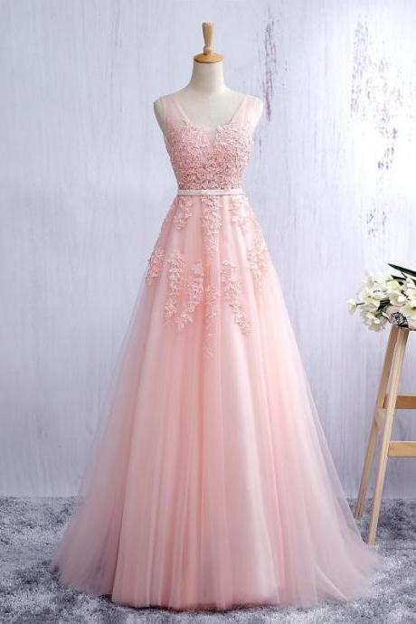 Blush Pink Tulle Lace Appliqued Long Prom Dresses, Bridesmaid Dresses,2443