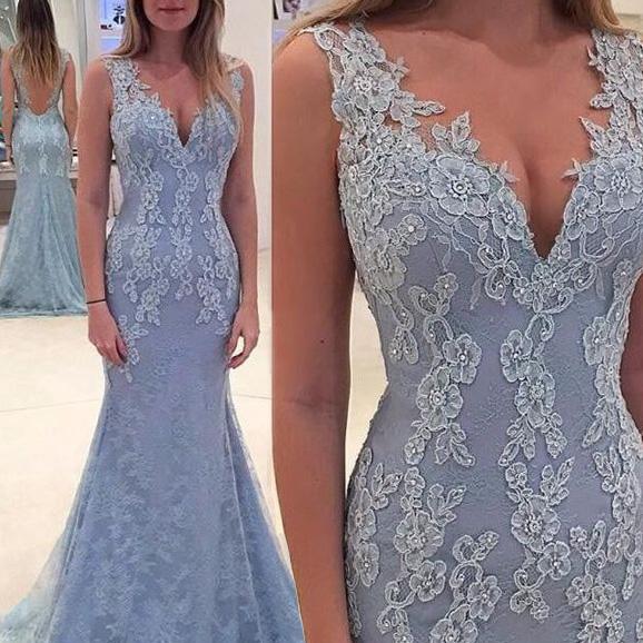 2017 Deep V Neck Sexy Sheath Mermaid Prom Dresses, Appliques Backless ...