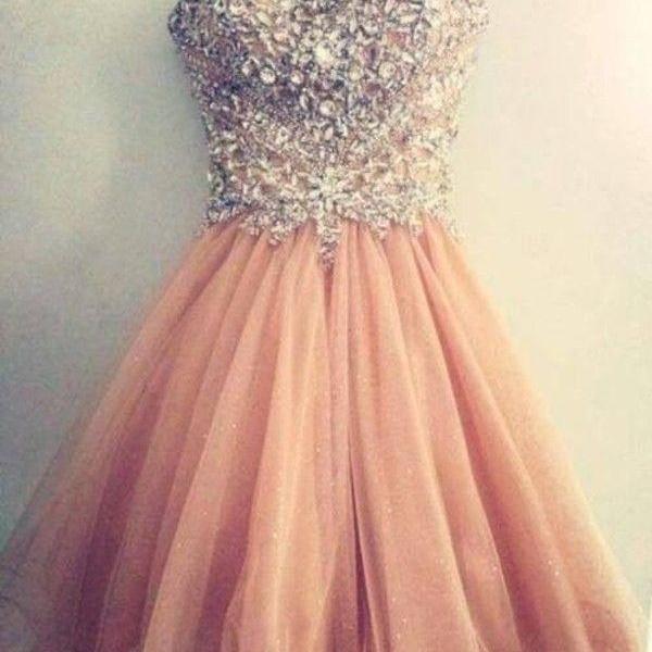 Sparkly Pink Sweet 16 Dress V-neck Beaded Short Prom Dress With Lace-up