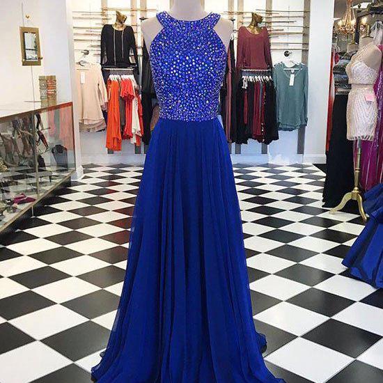 A-line Halter Royal Blue Chiffon Prom Dress,Beaded Long Prom Dress ...